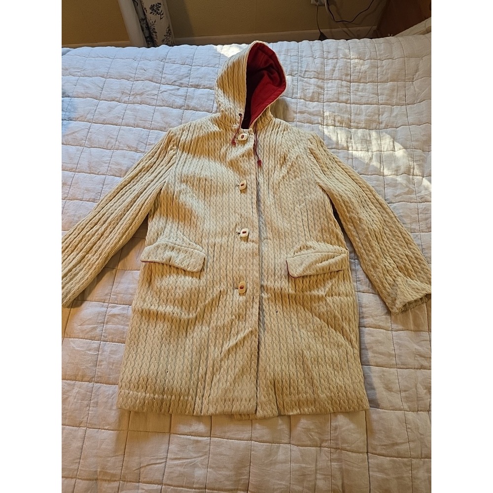 Vintage Cream Red Wool Blend‎ Overcoat Jacket Made In West Germany Womens Hood